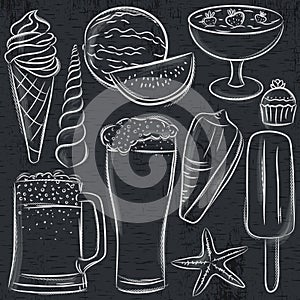 Set of summer symbols, shells, beer, ice cream, watermelon on b