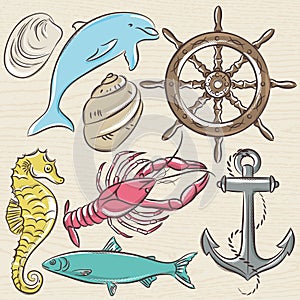 Set of summer symbols, ship rudder,anchor, shells, lobster,dolp