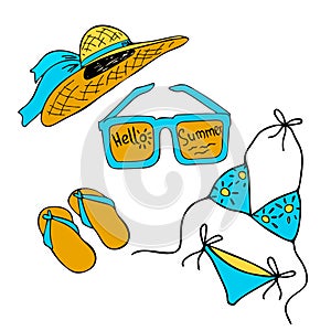 Set of summer things for the beach isolated on a white background. Swimsuit, sunglasses, hat, beach slippers. Vector illustration
