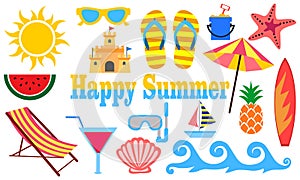 Set of summer and vacation elements cute cartoon illustration