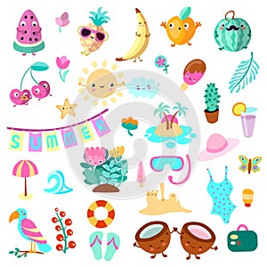 Set of summer and vacation elements. Cute cartoon vector illustration about summer holidays and vacations, summer time