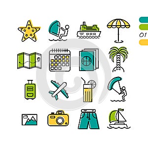 Set summer vacation linear colored icons