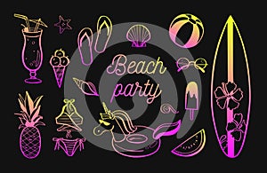 Set of Summer vector design doodle elements. Beach collection, unicorn, tropical fruits, swimsuit, surfing. Hand drawn