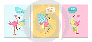 Set of Summer Vibes Banners with Cute Pink Flamingo Drink Cocktail, Carry Umbrella and Surf Board