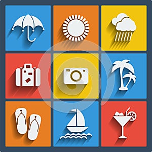 Set of 9 summer web and mobile icons. Vector.