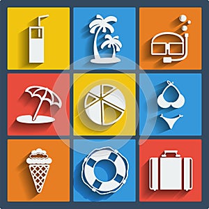 Set of 9 summer web and mobile icons. Vector.