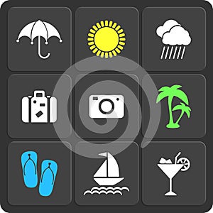 Set of 9 summer web and mobile icons. Vector.