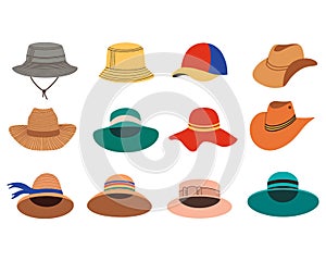 A set of summer women's hats. Summer and spring hats. Vector Flat Illustration