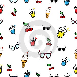 Set of summertime icon. glass of water, ice cream cone, cherry fruit, sunglasses illustration on white background. seamless patter