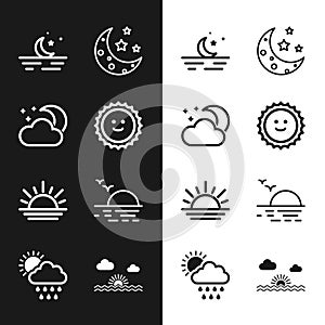 Set Sun, Cloud with moon and stars, Moon, Sunset, and rain sun icon. Vector