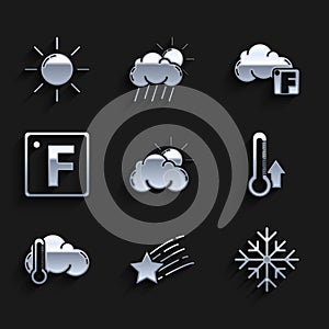 Set Sun and cloud weather, Falling star, Snowflake, Thermometer, Fahrenheit, and icon. Vector