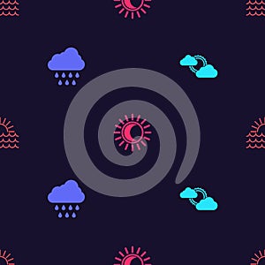 Set Sun and cloud weather, Cloud with rain, Eclipse of sun and Sunset on seamless pattern. Vector