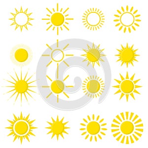 Set of sun icons isolated on white background.