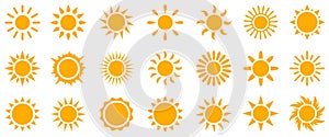 Set sun icons sign, solar isolated icon, sunshine, sunset collection, summer, sunlight - vector