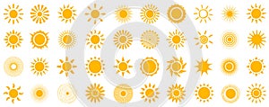 Set sun icons sign, solar isolated icon, sunshine, sunset collection, summer sign, sunlight set