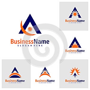 Set of Sun with Letter A logo design vector. Creative Initial A logo concepts template