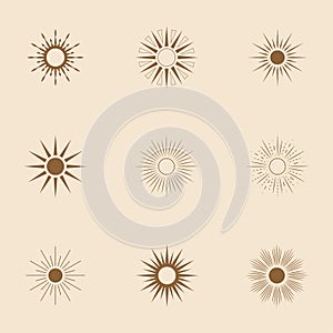 Set of sun linear icons and symbols in boho style.