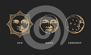 Set of Sun, Moon and crescent, hand drawn in engraving style. Vector graphic retro illustrations.