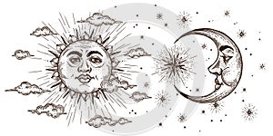 Set of Sun, Moon and Crescent, hand drawn in engraving style. Vector graphic retro illustrations.