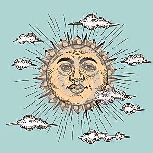 Set of Sun, Moon and Crescent, hand drawn in engraving style. Vector graphic retro illustrations.