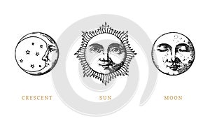 Set of Sun, Moon and crescent, hand drawn in engraving style. Vector graphic retro illustrations. photo