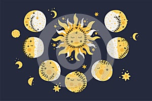 Set sun, moon and star vector in vintage style.