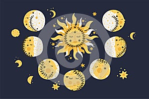 Set sun, moon and star vector in vintage style. photo