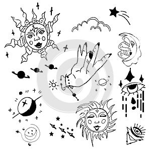 Set of sun, moon, stars, clouds, constellations and esoteric symbols. Alchemy mystical magic elements for prints