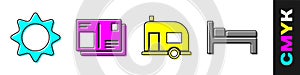Set Sun, Passport with visa stamp, Rv Camping trailer and Bed icon. Vector