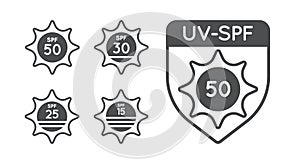 Set of Sun Protection UV Index, SPF 50, SPF 30, 25, 15