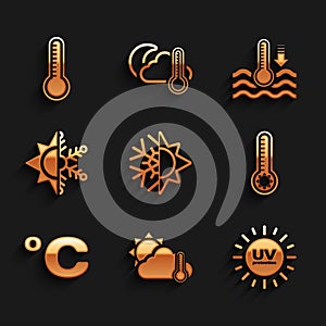 Set Sun and snowflake, Thermometer cloud, sun, UV protection, Meteorology thermometer, Celsius, Water and icon. Vector