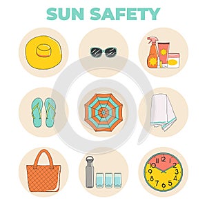 Set of sunbathing beach essentials icons. Skin protection