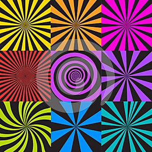 Set of sunburst and spiral backgrounds