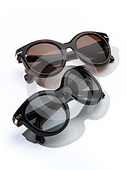 Set sunglasses with bright sunlight on white background. Front, top view. Summer sunglass fashion concept. Trendy women