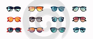 Set of sunglasses, flat cartoon isolated on white background. Vector illustration