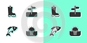 Set Sunrise, Waterproof rubber boot, Fish and Road traffic sign icon. Vector