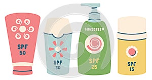 Set of sunscreen bottles isolated. Different Sunscreen lotions, creams, gel in plastic color packaging. Beach items for summer