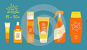 Set of sunscreen bottles, tubes with different SPF from 15 to 50. Sunscreen protection and sun safety. Sunscreen cream, lotion