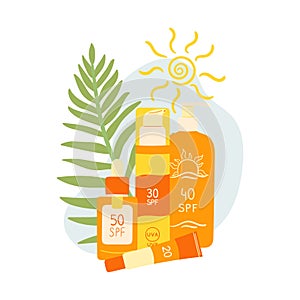 Set of sunscreen product with palm leaf and abstract shape. SPF protection and sun safety concept. SPF sunblock summer products