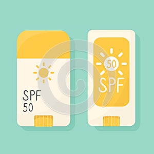 Set of sunscreen sticks, sun protection product in a stick, SPF cream in flat style