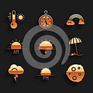 Set Sunset, Moon, protective umbrella for beach, Storm, Sunrise, Rainbow with clouds and Meteorology thermometer icon