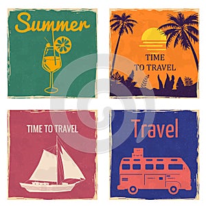 Set Sunset Seaside Sailboat Van Camper Cocktail vintage cards poster. Textured grunge effect retro card with text Time