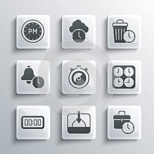 Set Sunset, Work time, Time zone clocks, Stopwatch, Digital alarm, Alarm, Day and Waste of icon. Vector