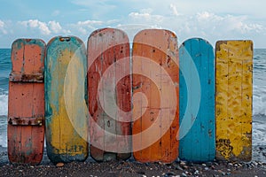 A set of SUP boards on the background of the sea. Active leisure