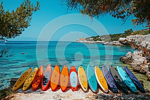 A set of SUP boards on the background of the sea. Active leisure