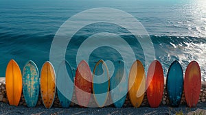 A set of SUP boards on the background of the sea. Active leisure