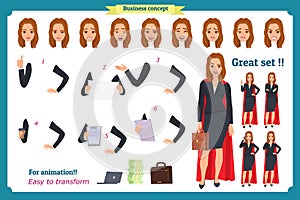 Set of super Businesswoman character design with different poses. Illustration isolated vector on white in flat cartoon style.