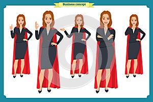 Set of super Businesswoman character design with different poses. Illustration isolated vector on white in flat cartoon style.