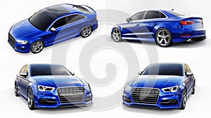 Set of Super fast sports car color blue metallic on a white background. Body shape sedan. Tuning is a version of an