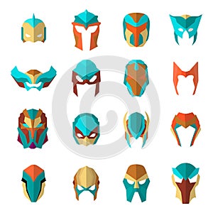 Set of super hero masks in flat style. Big collection cartoon superhero. Vector